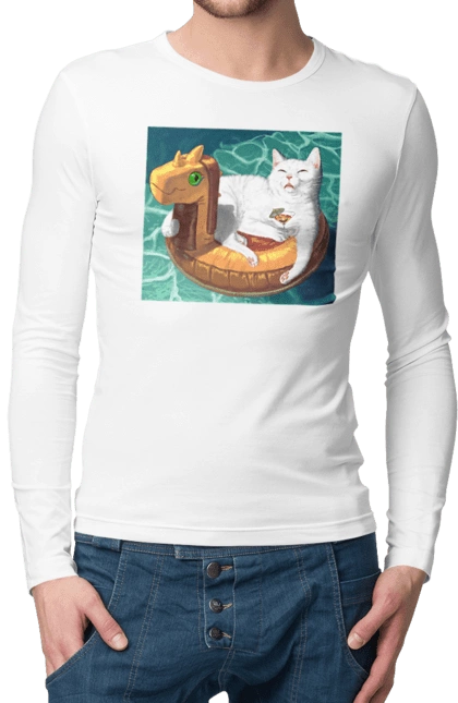 White cat in a swimming circle on vacation