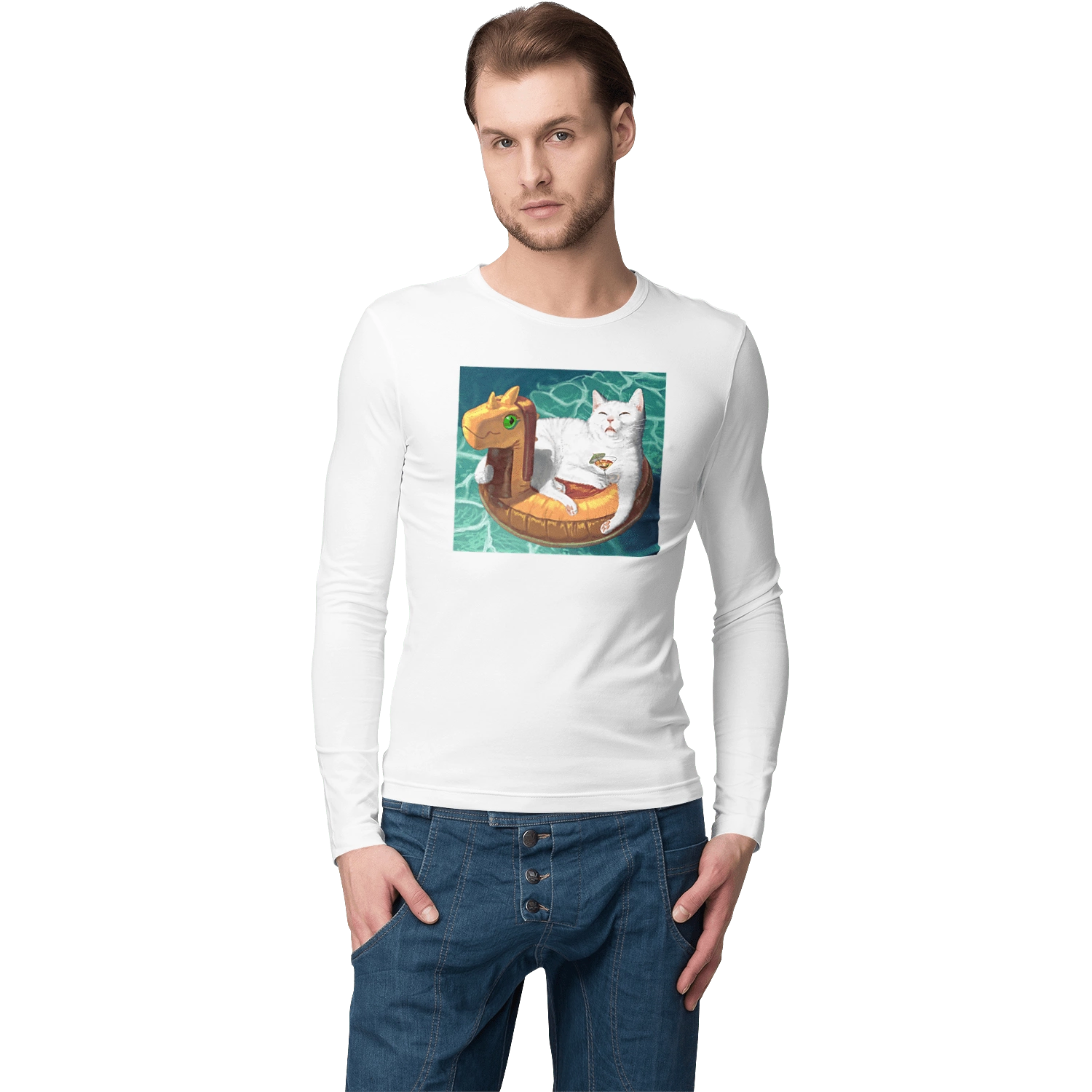 White cat in a swimming circle on vacation