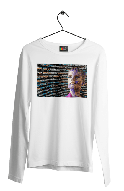 Чоловічий лонгслів з принтом "Штучний Розум". Айті, айтішник, гик, жінка, знання, інженер, інтелект, кібер, кібернетика, кіборг, код, комп, комп`ютерник, кристал, машинне навчання, мікросхема, мозок, портрет, програміст, професіонал, професія, розробник, розум, світиться, світло, хакер, чіп, штучний інтелект, штучний розум. 2070702