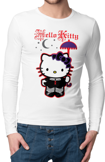 Чоловічій лонгслів з принтом "Хелло Кітті". Hello kitty, бант, бренд, кіт, кошеня, місяць, парасолька, персонаж, хелло кітті. futbolka.stylus.ua