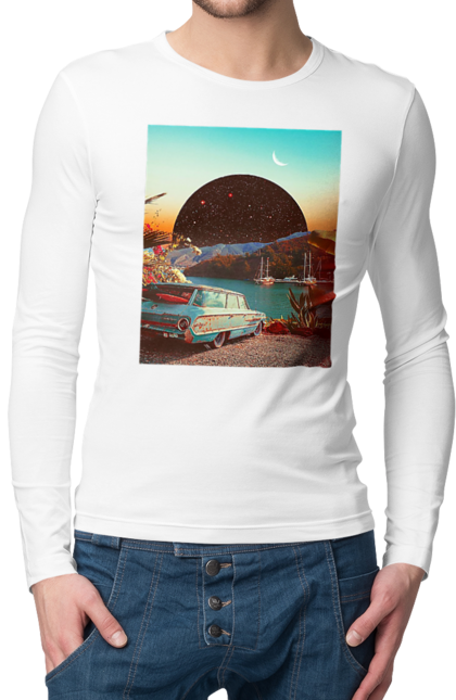 Чоловічий лонгслів з принтом "Картина, машина біля річки". Картина, машина, планета, прикол, ретро, річка. 2070702