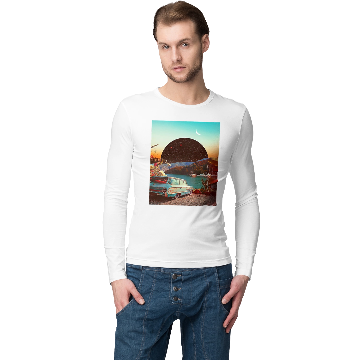 Painting, car by the river