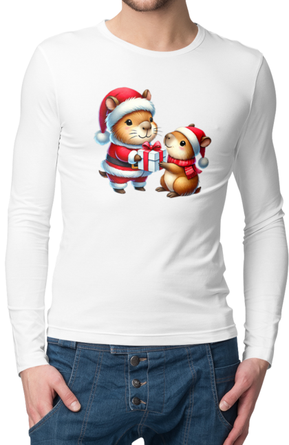 Men's longsleeve with prints Christmas Capybara with a Gift. Animal, capybara, christmas, christmas capybara, gift, holiday, new year, new year`s gift, santa. 2070702