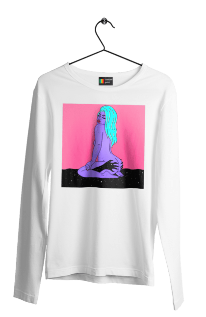 Чоловічий лонгслів з принтом "Фіолетова Дівчина В Руках". Дівчина, інопланетянка, сидить. 2070702