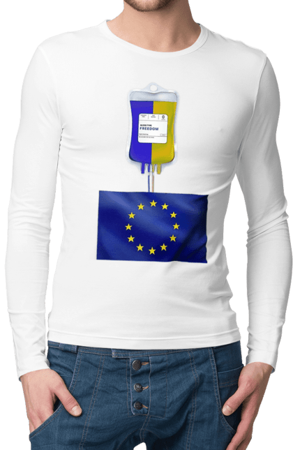 Чоловічій лонгслів з принтом "Українська кров". Донор європи, європа, євросоюз, інтеграція, кандидат, ми захищаємо європу, ми разом, новий лого, україна, шлях до європи. CustomPrint.market
