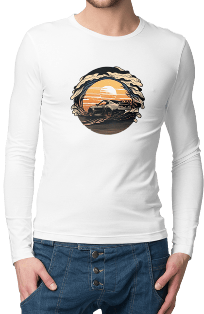 Men`s longsleeve with prints Dodge at sunset. Car, cars, dodge. 2070702