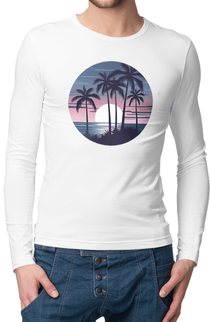 Чоловічій лонгслів з принтом "Пальмовий пляж  На заході сонця". Море, пальма, пальми, пальмовий пляж, пляж. futbolka.stylus.ua