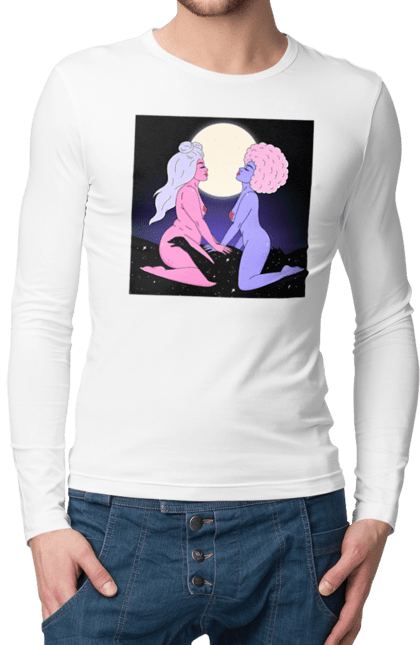 Чоловічий лонгслів з принтом "Дві Інопланетянки І Місяць". Дівчата, зверху, інопланетянки. 2070702