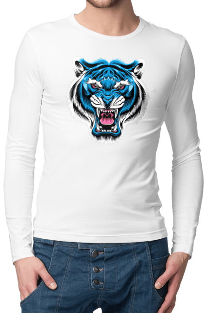 Чоловічій лонгслів з принтом "Блакитний тигр". Блакитний тигр, голова тигра, тварини, тигр. futbolka.stylus.ua