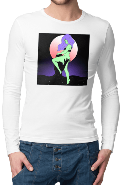 Чоловічий лонгслів з принтом "Зелена Дівчина І Місяць". Інопланетянка, місяць. 2070702