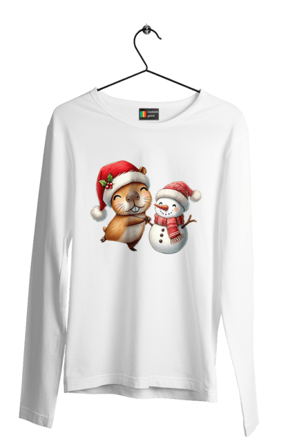 Men's longsleeve with prints Capybara and Snowman. Animal, capybara, christmas, christmas capybara, gift, holiday, new year, new year`s gift, santa, snowman. 2070702