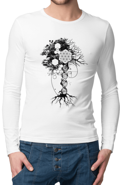 Чоловічий лонгслів з принтом "Древо життя". Геном людини, дерево життя, золотий перетин, квітка життя, сакральна геометрія, таємниця світобудови, таємниця числа фібоначчі, число бога, число фібоначчі. 2070702