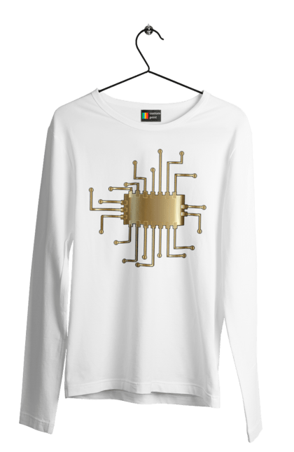 Чоловічий лонгслів з принтом "Золотий Чіп". Айті, айтішник, гик, золотий, золото, інженер, кібернетика, код, комп, комп’ютерник, кристал, мікросхема, програміст, професія, розробник, чіп. 2070702