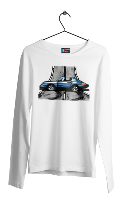 Чоловічий лонгслів з принтом "Спортивний Автомобіль На Дорозі". Автомобіль, гонки, синій, спортиного, швидкий, швидкісний. 2070702
