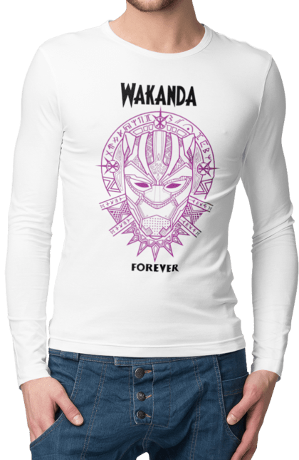 Мужской лонгслив с принтом Ваканда Навсегда. Marvel, wakanda, wakanda forever, ваканда, ваканда навсегда, марвел, т`чалла, черная пантера. 2070702