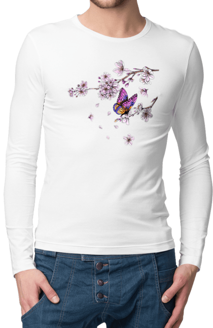 Чоловічий лонгслів з принтом "Метелик І Сакура". Весна, дерево, метелик, сакура. 2070702