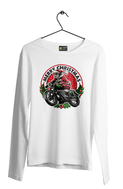 Чоловічий лонгслів з принтом "Щасливого Різдва, дід мороз на мотоциклі". 2022, дід мороз, зима, мотоцикл, новий рік, подарунки, різдво, санта, сніг. 2070702