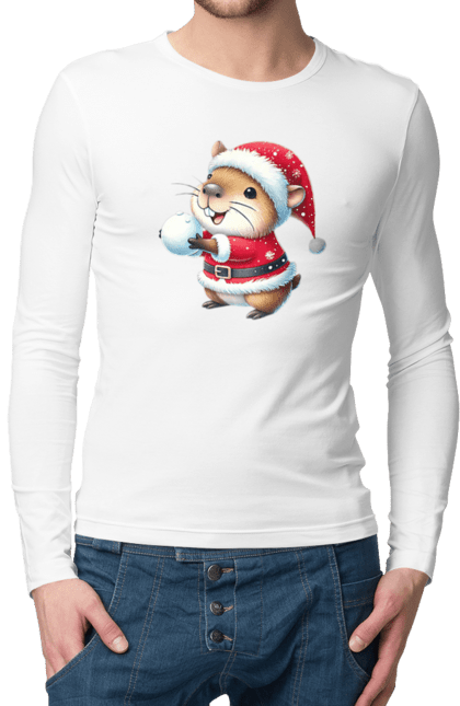 Men's longsleeve with prints Capybara playing snowballs. Animal, capybara, christmas, christmas capybara, game, gift, holiday, new year, santa, snowballs. 2070702