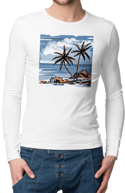 Men`s longsleeve with prints Palm Trees And Sky. Clouds, palm trees, sea, sky. 2070702