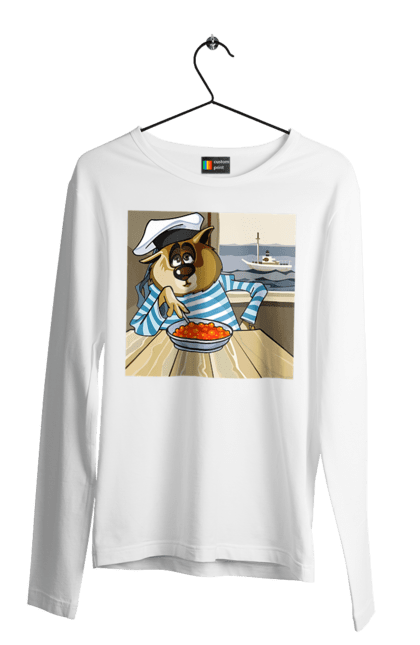 Чоловічий лонгслів з принтом "Кот Моряк, На Кораблі Їсть Червону Ікру". Ікра, кіт, корабель, моряк. 2070702