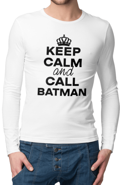 Чоловічий лонгслів з принтом "Keep Calm and Call Batman чорна". Бетмен, з написами, зберігай спокій, меми, популярні, прикольні. 2070702