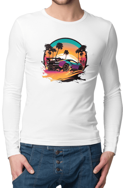 Чоловічий лонгслів з принтом "Ламборджині Сінтвейв". Авто, автомобіль, ламба, ламборджині, машини, сінтвейв. 2070702