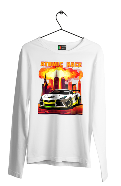 Чоловічий лонгслів з принтом "Атомна гонка". Авто, автомобіль, атомні перегони, гонки, гоночні машини, спортивна машина, спорткар. 2070702