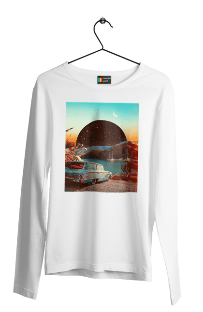 Чоловічий лонгслів з принтом "Картина, машина біля річки". Картина, машина, планета, прикол, ретро, річка. 2070702