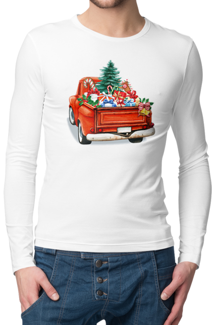 Чоловічий лонгслів з принтом "Авто з подарунками". Автомобіль, новий рік, подарунки, різдво, санта, ялинка. 2070702