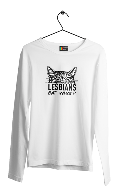 Чоловічий лонгслів з принтом "Lesbians eat what?". Гумор, котики, лгбт, лесбіянки, приколи, смішні написи. 2070702