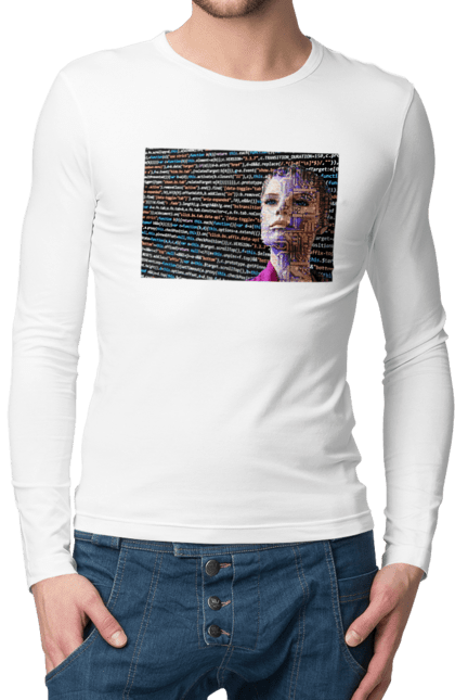 Чоловічий лонгслів з принтом "Штучний Розум". Айті, айтішник, гик, жінка, знання, інженер, інтелект, кібер, кібернетика, кіборг, код, комп, комп`ютерник, кристал, машинне навчання, мікросхема, мозок, портрет, програміст, професіонал, професія, розробник, розум, світиться, світло, хакер, чіп, штучний інтелект, штучний розум. 2070702