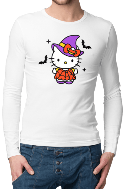 Чоловічій лонгслів з принтом "Хелло Кітті Хелловін". Halloween, hello kitty, witch, бренд, відьма, кіт, кошеня, персонаж, хелло кітті, хелловін. 2070702