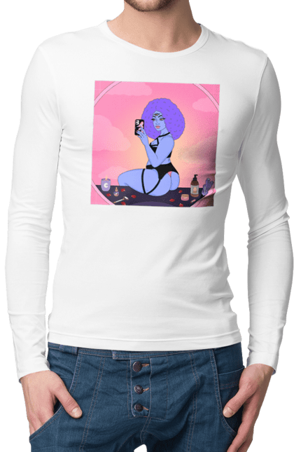 Чоловічий лонгслів з принтом "Фіолетова Дівчина Фото У Дзеркалі". Білизна, дзеркало, фото. 2070702