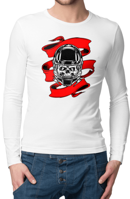 Men`s longsleeve with prints Skull in a motorcycle helmet. Helmet, moto, skull, tape. 2070702