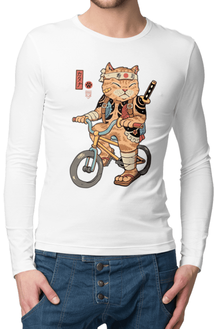 Чоловічій лонгслів з принтом "Кіт на велосипеді". Велосипед, кинжал, китайський кіт, кіт, самурай, шабля, японський кіт. CustomPrint.market