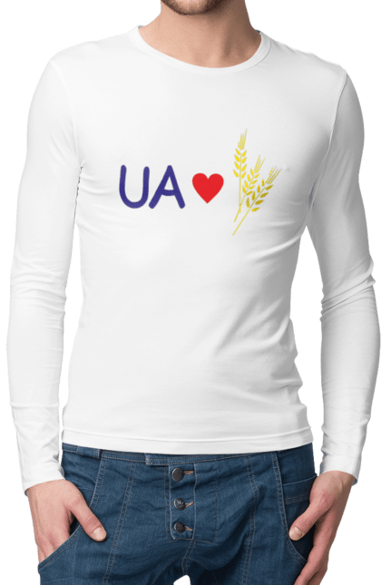 Чоловічій лонгслів з принтом "Люблю Україну". Букви, жовтий, колоски, люблю, патриот, прапор, пшениця, серце, синий, україна, червоний, юа. PrintMarket - інтернет-магазин одягу та аксесуарів з принтами плюс конструктор принтів - створи свій унікальний дизайн