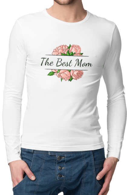 Чоловічій лонгслів з принтом "Мама the best". День матері, квіти, мама, найкраща, напис, піони, подарунок, рожевий, свято. CustomPrint.market