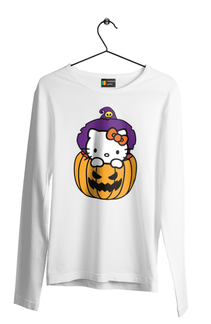 Чоловічій лонгслів з принтом "Хелло Кітті Хелловін". Halloween, hello kitty, witch, бренд, відьма, кіт, кошеня, персонаж, хелло кітті, хелловін. 2070702