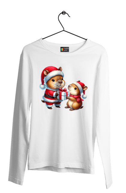 Men's longsleeve with prints Christmas Capybara with a Gift. Animal, capybara, christmas, christmas capybara, gift, holiday, new year, new year`s gift, santa. 2070702