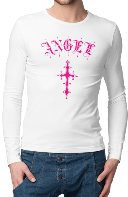 Чоловічій лонгслів з принтом "Логотип Ангел". Готичний стиль, готичний шрифт, логотип, рожевий, хрест, хрестик, янгол. 2070702