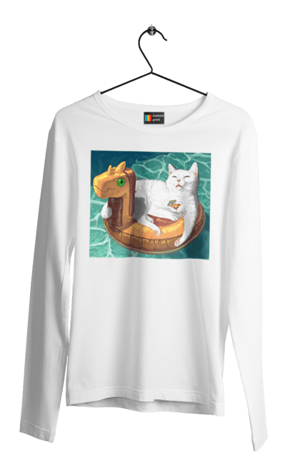 Чоловічий лонгслів з принтом "Білий кіт у плавальному колі, на відпочинку". Басейн, відпочинок, кіт, коктейль, море, плавальний круг. 2070702