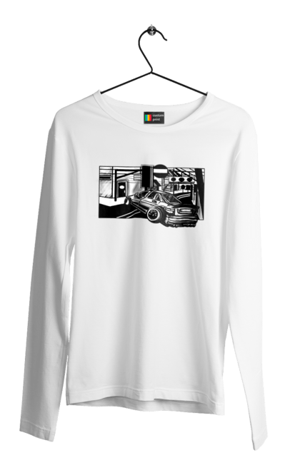 Чоловічий лонгслів з принтом "Небезпечний Автомобіль на дорогах вулиць". Автомобіль, гонки, машина, небезпечний, чорно білий, швидкий. 2070702