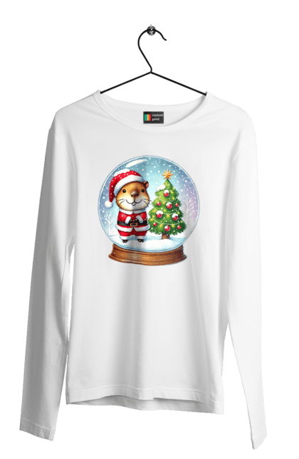 Men's longsleeve with prints Christmas Capybara with a Tree. Animal, capybara, christmas, christmas capybara, christmas tree, gift, holiday, new year, new year`s gift, santa. 2070702