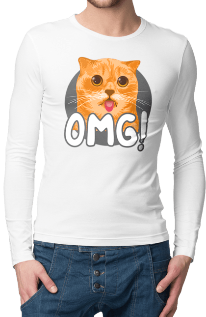 Чоловічій лонгслів з принтом "Кот OMG!". Omg, кіт, кішка, о боже, рудий кіт, шок, язик. futbolka.stylus.ua