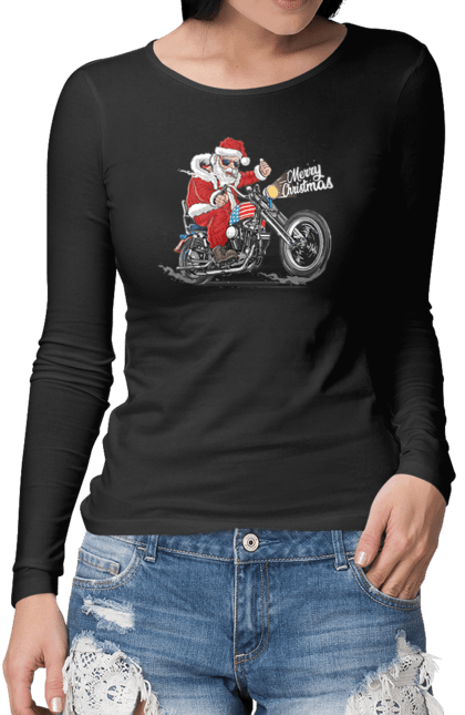 Жіночий лонгслів з принтом "Санта в окулярах на мотоциклі". Байкер, дід мороз, зима, мотоцикл, новий рік, різдво, санта, санта клаус, сніг, щасливого різдва. CustomPrint.market