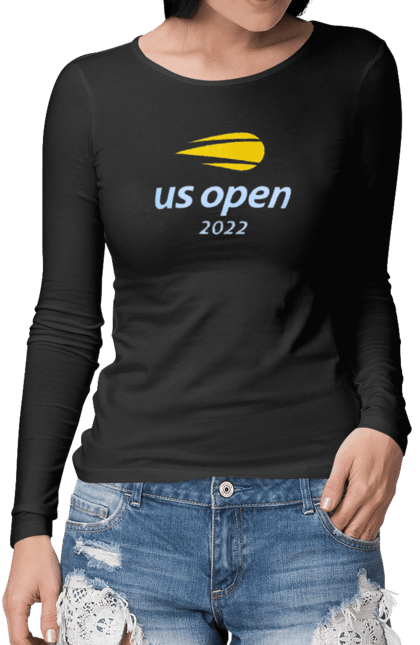 Жіночий лонгслів з принтом "Тенісний турнір US Open 2022". Великий теніс, відкритий чемпіонат, гравці, грунт, м`яч, нью йорк, призовий фонд, ракетка, спонсор, турнір на ґрунті, турнірна сітка, хард, чемпіонат америки. CustomPrint.market