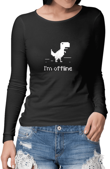 Жіночий лонгслів з принтом "Я офлайн". Offline, браузер, гра, динозавр, немає мережі, офлайн, піксель, піксель арт. KRUTO.  Магазин популярних футболок