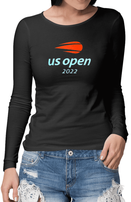 Жіночий лонгслів з принтом "Тенісний турнір US Open 2022". Великий теніс, відкритий чемпіонат, гравці, м`яч, нью йорк, призовий фонд, ракетка, турнір на ґрунті, хард, чемпіонат америки. futbolka.stylus.ua