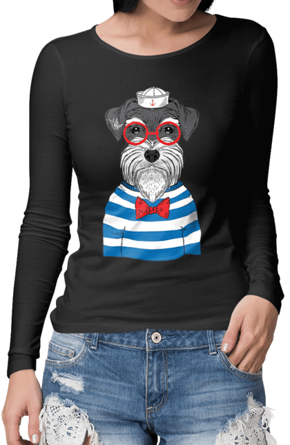 Жіночий лонгслів з принтом "Собака моряк". Матроська, море, моряк, окуляри, собака. futbolka.stylus.ua