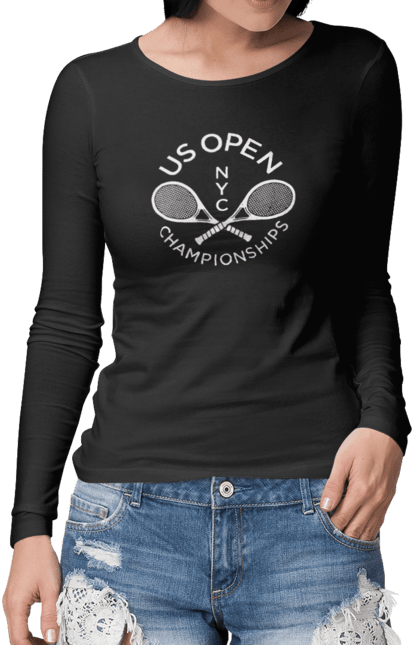 Жіночий лонгслів з принтом "Тенісний турнір US Open". Великий теніс, відкритий чемпіонат, гравці, грунт, м`яч, нью йорк, призовий фонд, ракетка, хард, чемпіонат америки. futbolka.stylus.ua
